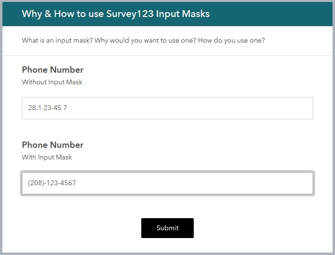 Image comparing a phone number response that is incomplete and without a sirveu123 input mask vs a complete phone number entry that has a mask and is complete.