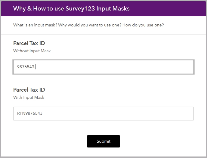 Image comparing an incomplete parcel tax ID vs a complete parcel tax ID due to having a survey123 input mask.