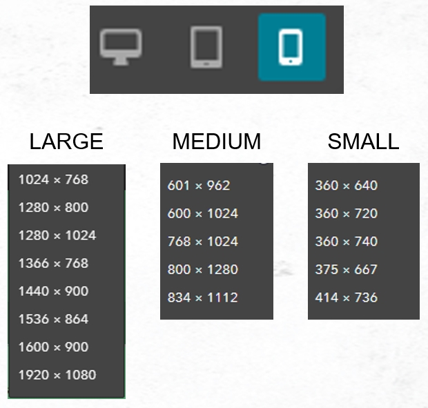 The mobile view screen sizes that are available for configuration in Experience Builder.